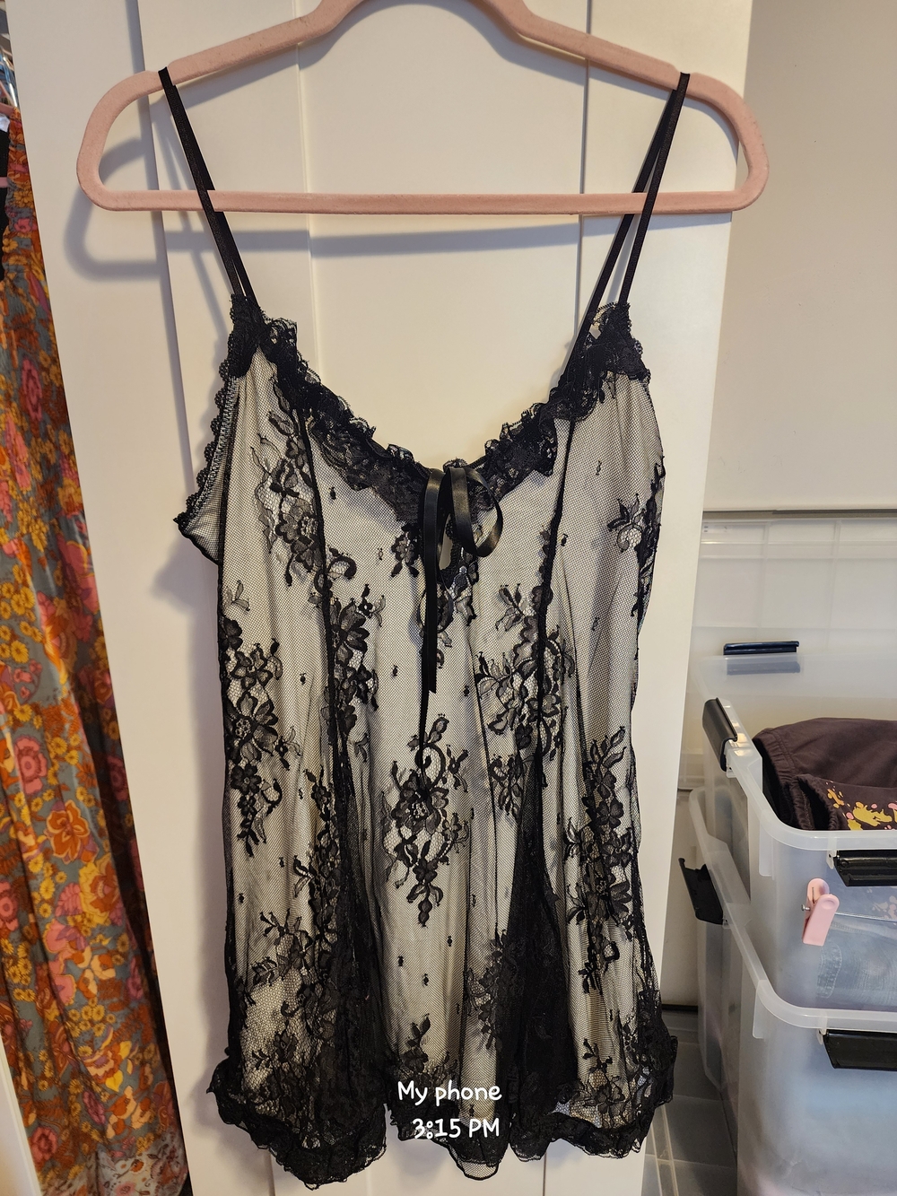 S. the Widow Black Sheer Lace Slip with Ribbon Tie